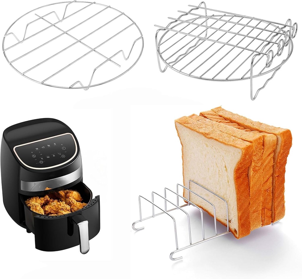 Air Fryer Racks Set 3Pcs, Stainless Steel Layer Racks Air Fryer Accessories, Multipurpose Double Layer Racks with Skewer Round Cooking Rack Toast Racks, Fits Most 2.5QT or Above Air Fryer