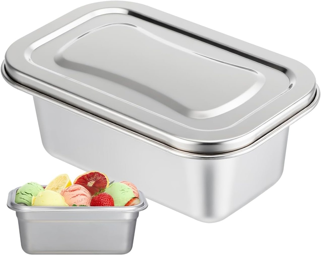 Alipis Reusable Ice Cream Storage Containers with Lids: Stainless Steel Food Freezer Box - Homemade Ice Cream Tub for Food Preservation Refrigerator Kitchen Use