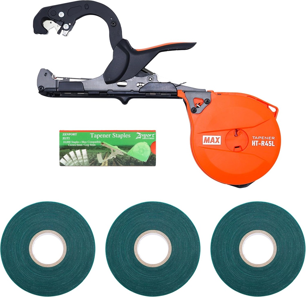 MAX HT-R45L Tapener Lightweight Plant Tying Tool Starter Kit with Zenport Compatible Tape & Staples