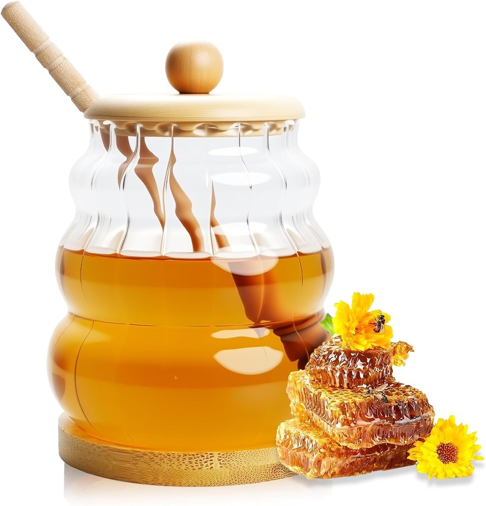 DELAVIDA Glass Honey Jar with Dipper, Honey Pot with Dipper and Lid, 15oz Honey Container Set with Bamboo Base and Lid, Honey Dispenser for Honey Syrup for Home Kitchen