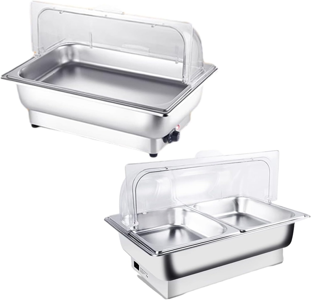 Adjustable Temperature Electric Hot Pot 35°C~85°C Stainless Steel Temperature Control Buffet Server and Warmer with Roll Top and Temperature Display (One + Two) (One + Two)
