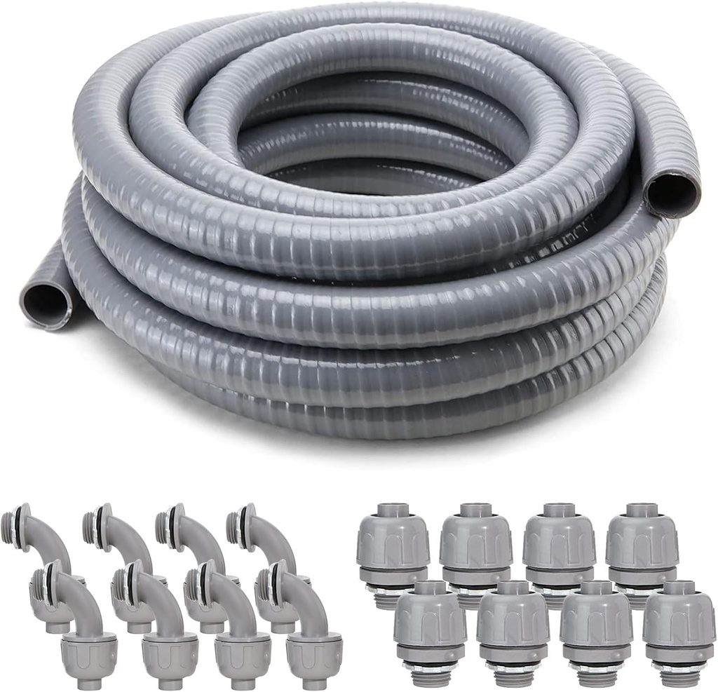 DWALE Liquid-Tight Conduit and Connector Kit,Flexible Non Metallic Liquid Tight Electrical Conduit,3/4inch 25ft Electrical Conduit Kit,with 8 Straight and 8 Angle Fittings Included,3/4 in. Dia