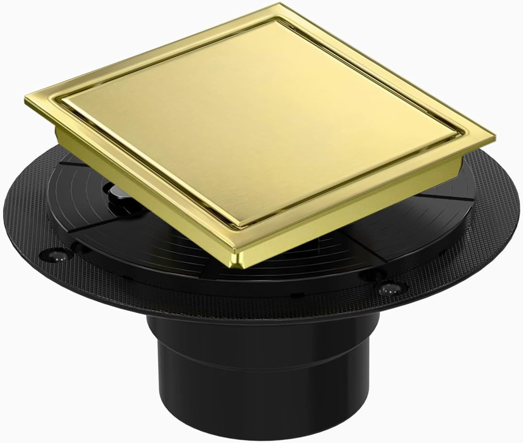 4 Inch Square Shower Floor Drain, Shower Drain Kit with Flange and 2 in 1 Tile-Insert Cover, Square Shower Drain, SUS 304 Stainless Steel Floor Drain,Brushed Gold