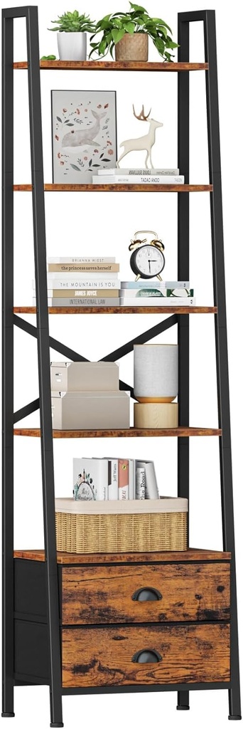 Furologee 5-Tier Ladder Shelf with 2 Drawers,Narrow Bookshelf Storage Shelves,Industrial Bookcase Freestanding Rack Units for Bedroom,Living Room,Bathroom,Home Office,Balcony,Wood Metal,Rustic Brown