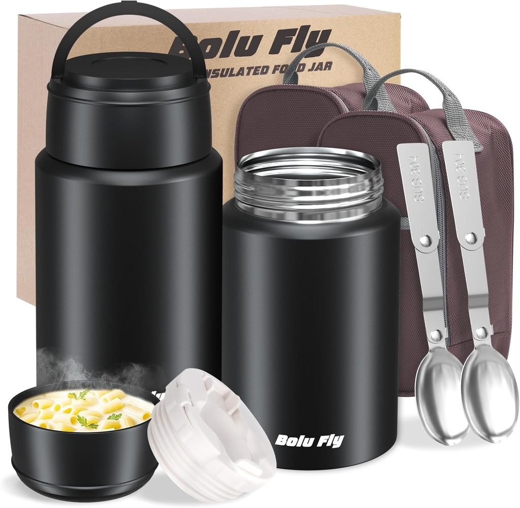 2 Pack Soup Thermo for Hot Food for Adults, Insulated Food Jar, Stainless Steel Vacuum Thermal Lunch Box Containers with Carry Bag and Spoon (18.5oz, 27oz) (Black)