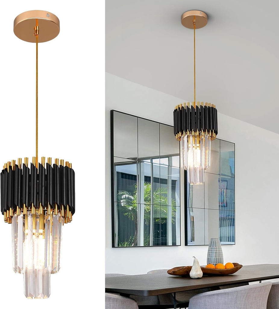 Crystal Chandelier Gold Pendant Light Fixtures Modern Crystal Pendant Light for Kitchen Island D7.5'' Black and Gold Chandelier for Dining Room Bedroom Living Room Hanging Light with a Bulb