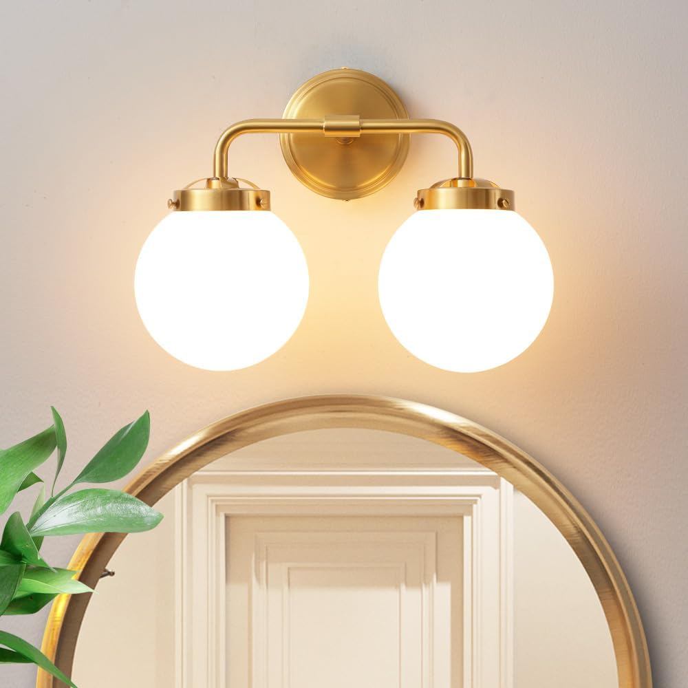 Bathroom Vanity Light Fixtures Over Mirror, Modern Brass Gold 2 Lights Wall Sconce Lighting with Milky Glass Ball Shades, Mid Century Farmhouse Bathroom Lighting