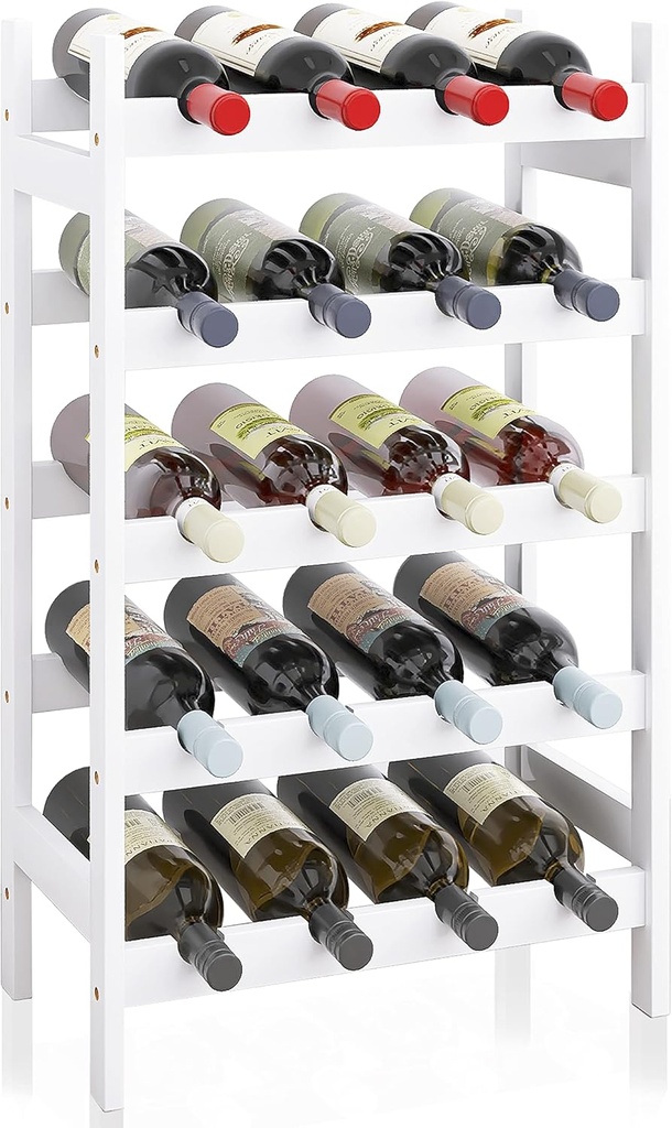 SMIBUY Bamboo Wine Rack, 20 Bottles Display Holder, 5-Tier Free Standing Storage Shelves for Kitchen, Pantry, Cellar, Bar (White)