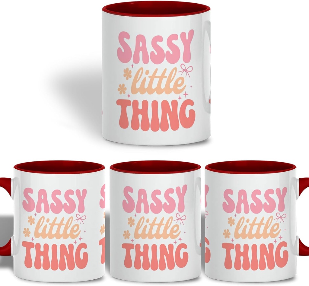Sassy Little Thing Coffee Mug, 11oz Ceramic Mug with Retro Groovy Lettering, Fun Aesthetic Coffee Cup, Trendy Pink and Orange Quote Tea Cup, Gift for Women and Girls, Durable and Microwave Safe