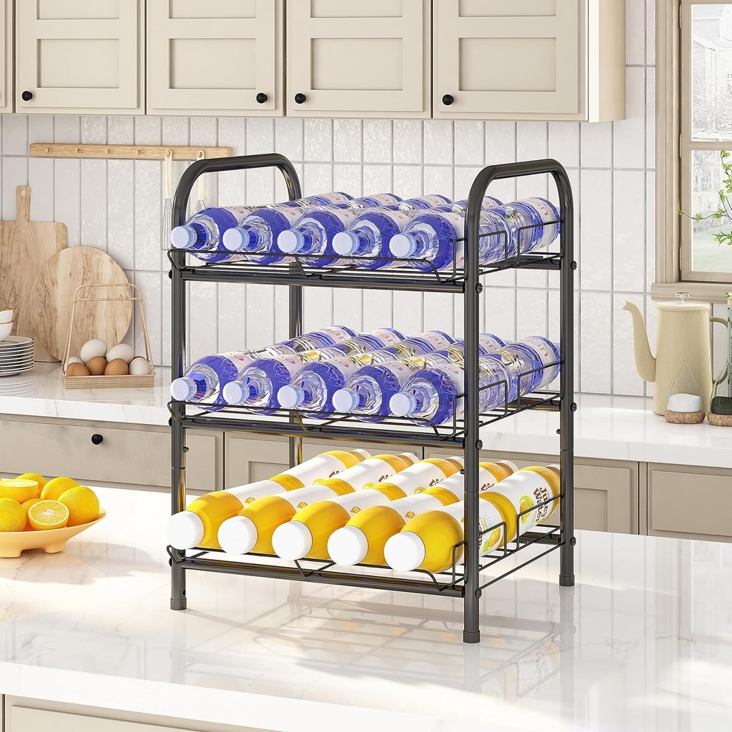 GILLAS 3 5 6 7 8 Tier Water Bottle Storage, Metal Beverage Can Rack,Large Capacity Bottled Rack Water Bottle Holder Stand for Cabinet, Countertop Kitchen, Party, Black