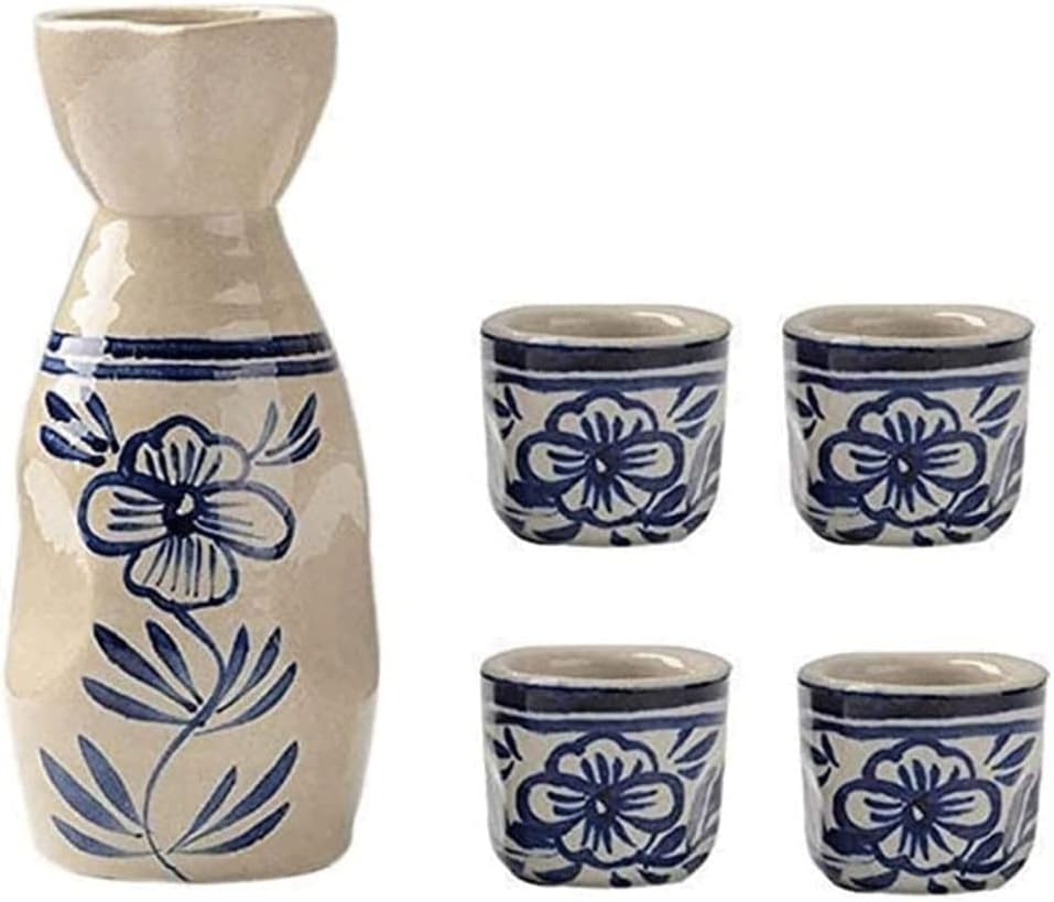 5 Pieces Ceramic Japanese Sake Set, 1 Serving Carafe and 4 Cups