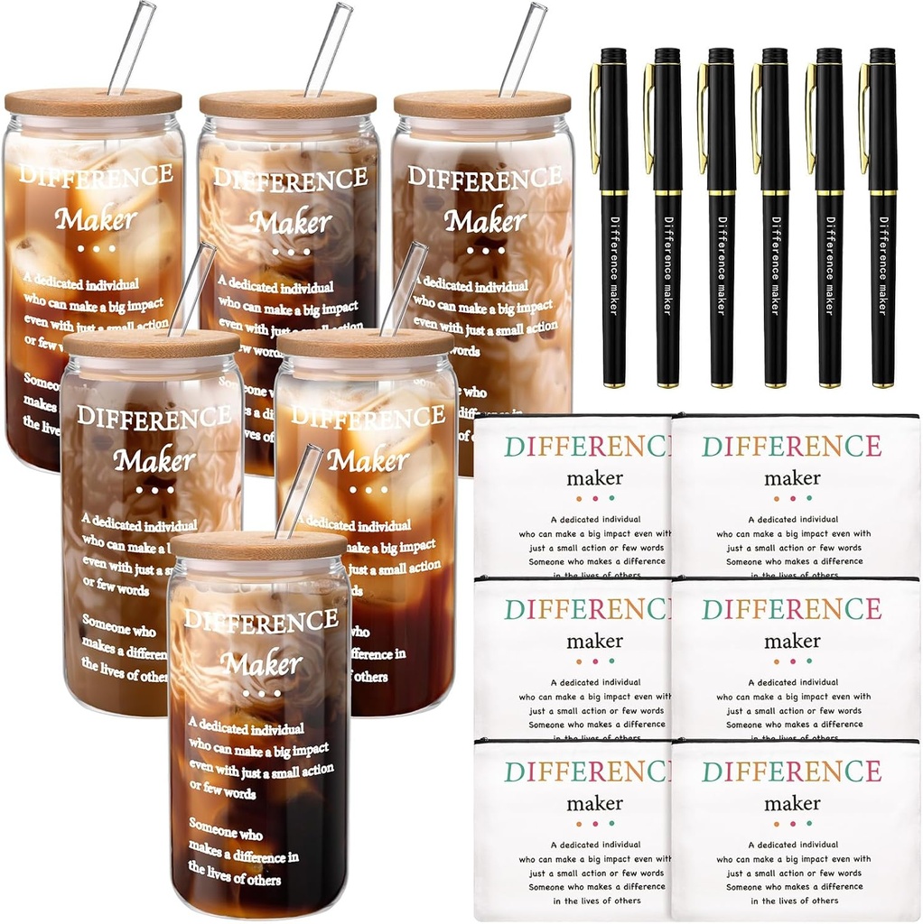 Bokon 6 Sets Difference Maker Thank You Gifts for Women Employee Appreciation Gifts Bulk 16oz Glass Cups Cosmetic Bags and Pens Teacher Christmas Birthday for Teachers Nurse Leader Coworkers
