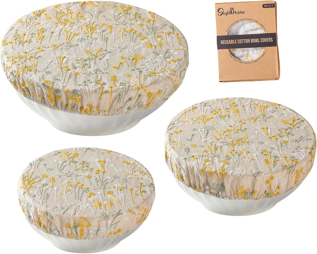 Reusable Bowl Covers for Bread Proofing Baking Embroidered Dandelion Linen Cotton Cloth Fabric Washable with Elastic Cover for Food Fruit Salad Eco-friendly (Beige Dandelion)