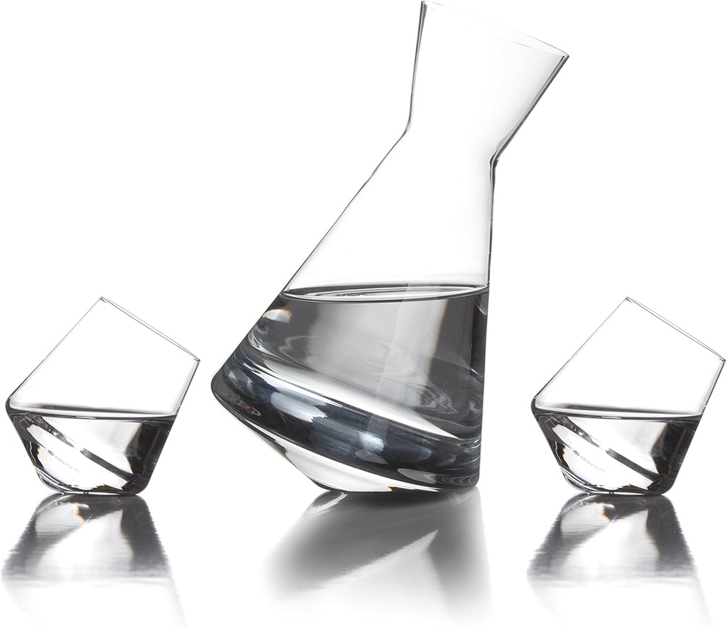 Sempli Vaso Spinning Sake Set - Hand Blown Decanter & Swirling Aerator with 2 Sake Cups for Hot & Cold Sake, Lead-Free Crystal - 13.5 oz / 3 oz