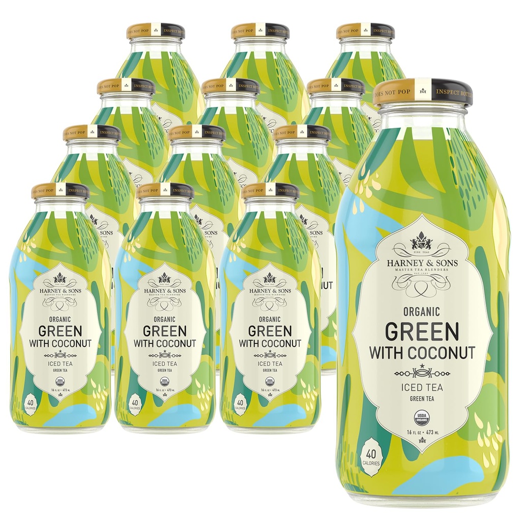 Harney & Sons Organic Green with Coconut Iced Tea, 16 oz Glass Bottles (Pack of 12)