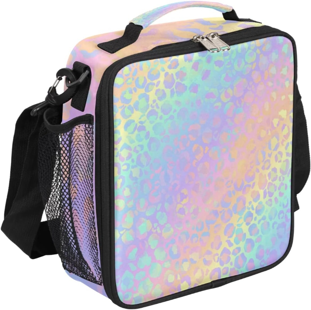 Leopard Print Kids Lunch Bag Rainbow Leopard Skin Insulated Lunch Box Mini Cooler Back to School Thermal Meal Tote Kit Bento Tote Bags Thermal Lunchbox for Boys Girls
