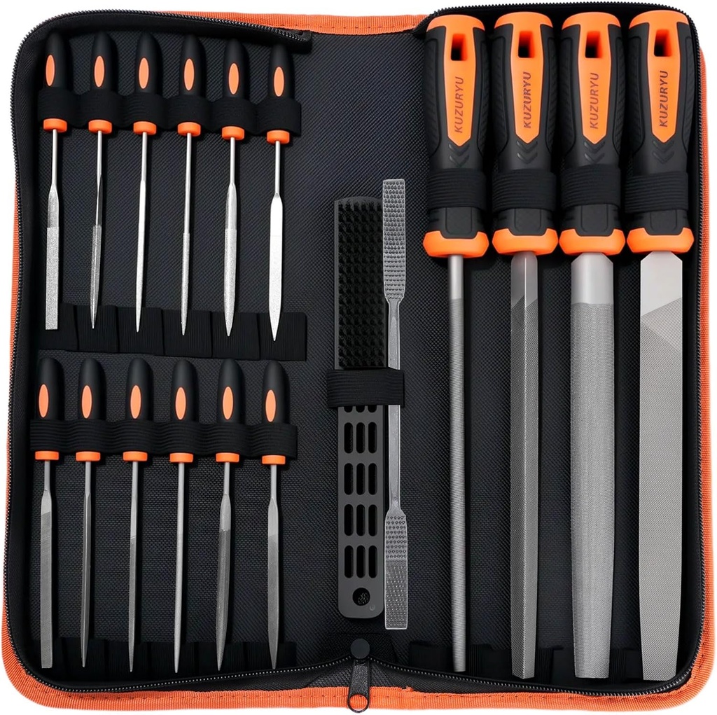 KUZURYU 31PCS Metal File Set - 4 Metal Files for Steel and 12 Needle Files with Steel Brush, Tool Bag, Riffler File, 12 Sandpaper and Gloves, Suitable for Metal and Wood Processing