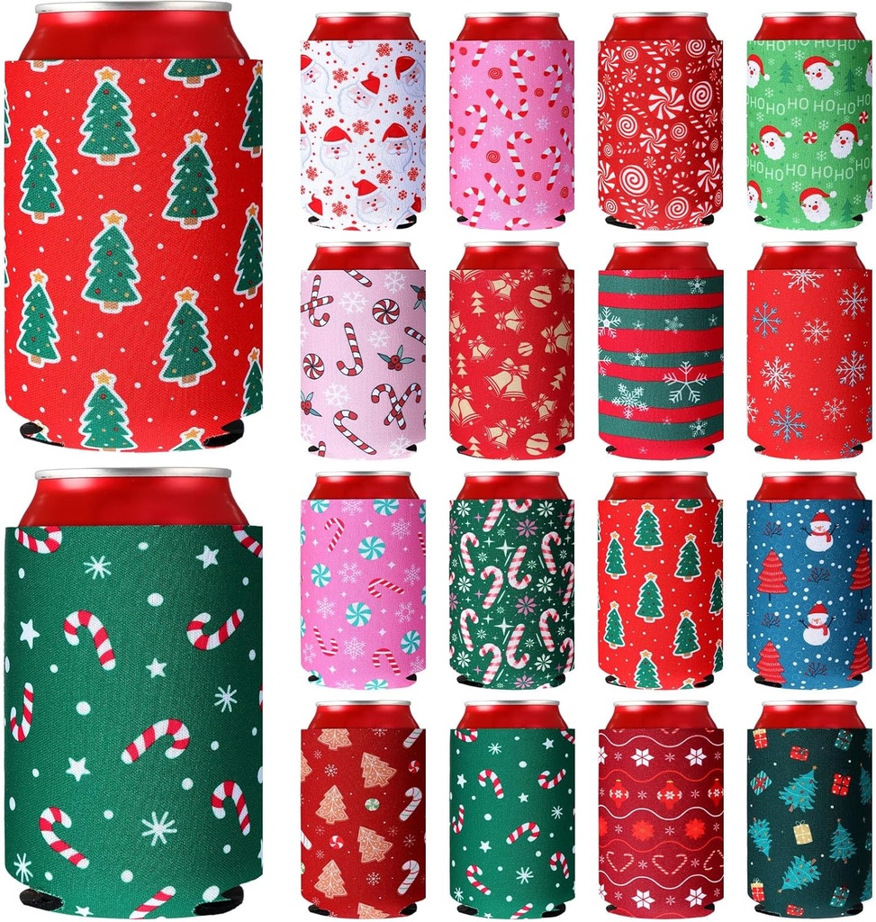 16 Pcs Christmas Beer Can Cooler Sleeves 12 oz Drink Can Cooler Reusable Neoprene Cold Drinks Bottle Sleeves with Christmas Tree Santa Snowflake Candy Cane for Xmas Holiday Party Supplies