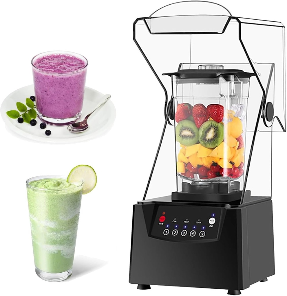 Commercial Stand Mixer Blender Smoothie Maker, Professional Countertop Blender with Sound Enclosure Cover, 2L Capacity, 17000rpm Blade, 5 Presets, Silent Broken Wall Cooking Machine