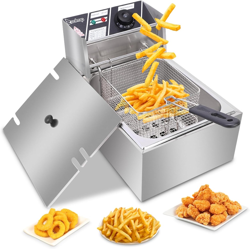 Heavy Duty Deep Fryer, 2500W MAX 110V 6.3QT6L Stainless Steel Single Cylinder Electric Fryer US Plug,Electric Deep Fryer Frying Basket, Stainless Steel,Silver