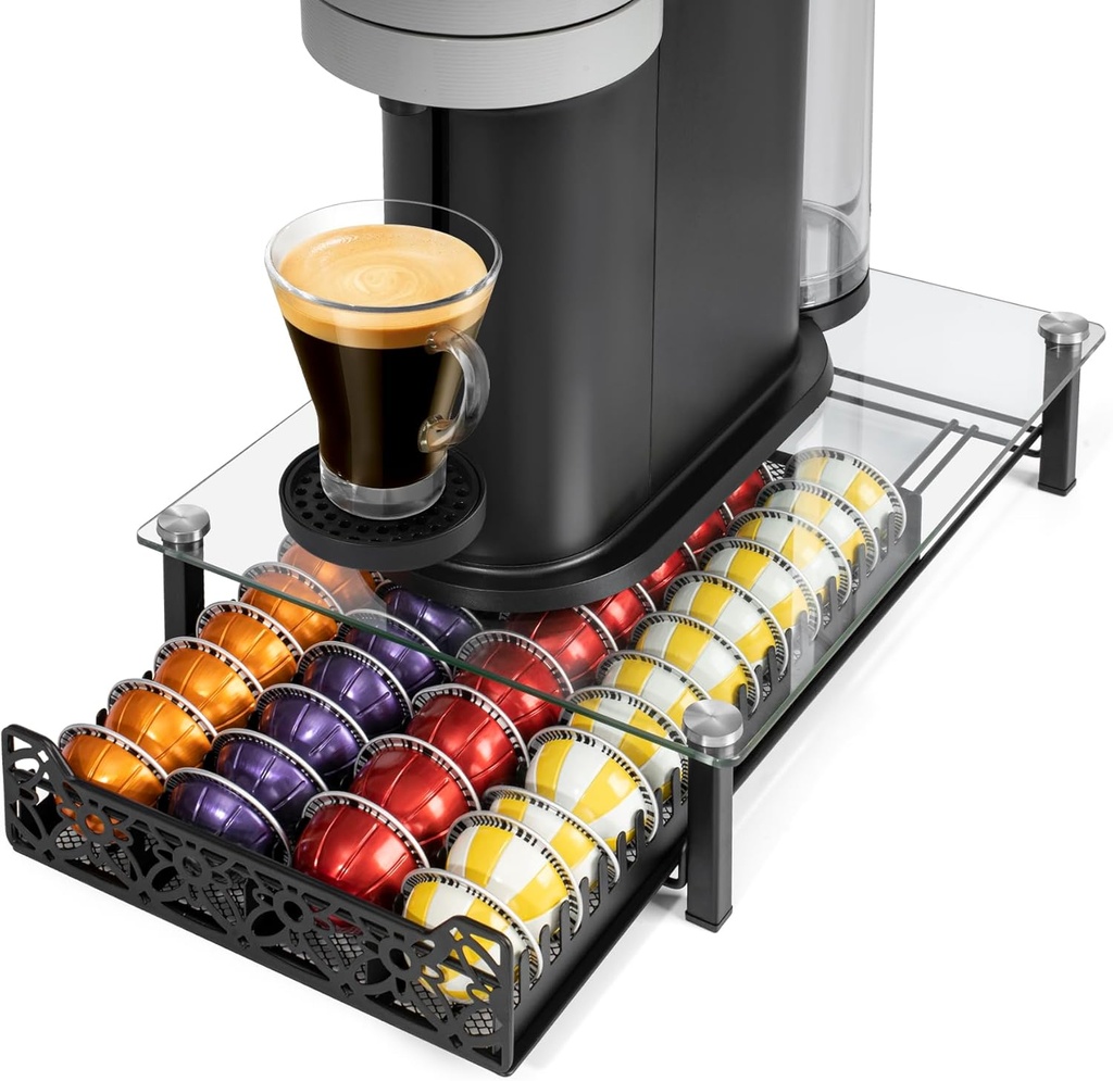 RECAPS Crystal Tempered Glass Coffee Pod Drawer Organizer Compatible with Nespresso Vertuo, Hold up to 50 Small or 40 Big Vertuo Pods or 26 K-cup Pod,Sliding K Cup Drawer for Countertop