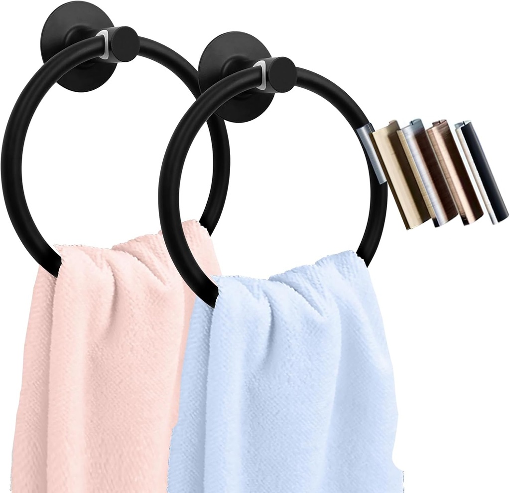 Daily Treasures Matte Black Upgrade Aluminum Stainless Towel Ring Holder with Hook - 2 Pack Adhesive Hand Towel Ring - Bath Towel Rings for Bathroom Wall Organizer Kitchen Storage
