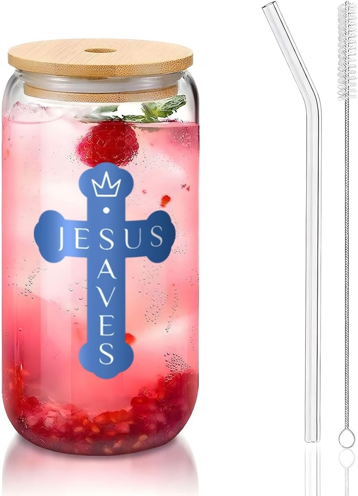 Christian Jesus Saves Men 16 Oz Drinking Glasses With Bamboo Lids,Glass Straw And Cleaning Brushes Glass Tea Cup For Iced Coffee,Smoothie,Cocktail,Beer,Whiskey,Soda,Matcha