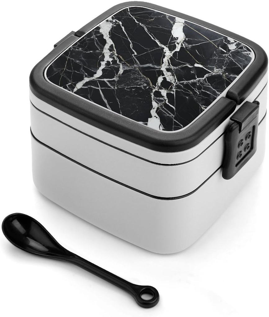 Black And White Marble Bento Box Leak-Proof Double Layered Lunch Containers with Spoons And Invisible Handle, Portable Lunch Boxes for Work Picnic Travel