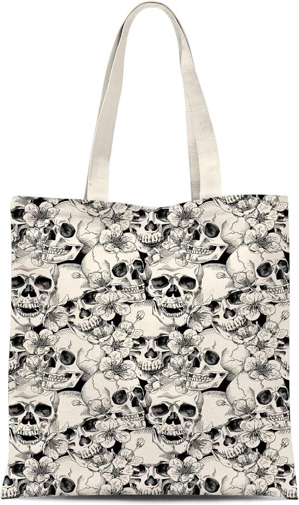ATHAND Goth Skull Canvas Tote Bag with Zipper Inner Pocket,Halloween Reusable Shopping Beach Travel Grocery Bag for Women