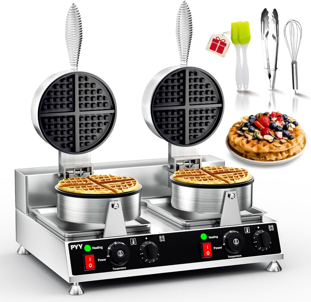 PYY Commercial Waffle Maker - Double-Head Chaffle Maker, 2500W Stainless Steel, Non-stick Electric Machine for Restaurant Party Food Stall