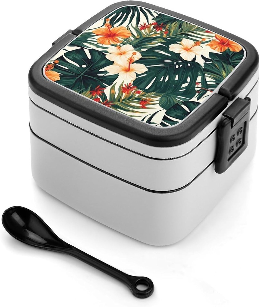 Adult Double-Layer Bento Box Tropical Summer Hawaiian Flower Palm Leaves Portable Lunch Box with Spoon And Invisible Handle Leakproof Microwave-Safe Food Container for Work Travel Camping