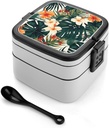 Adult Double-Layer Bento Box Tropical Summer Hawaiian Flower Palm Leaves Portable Lunch Box with Spoon And Invisible Handle Leakproof Microwave-Safe Food Container for Work Travel Camping