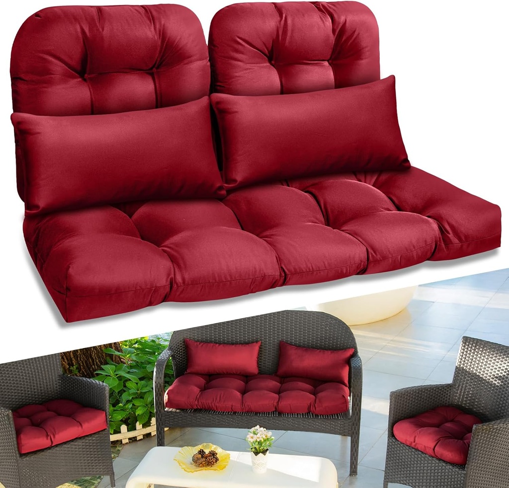 Wicker Chair Cushions 3 Piece Set and 2 Piece Lumbar Support Cushion, Outdoor Wicker Patio Furniture Cushions, 1Pc Loveseat Cushion & 2Pcs Chair Cushions (Red)