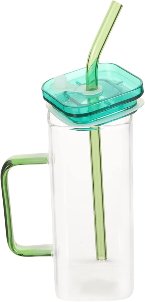 PRETYZOOM Square Glass Drinking Cup Tumbler High Borosilicate Straw Lid Beer Glass Unique Handles Easy Cleaning