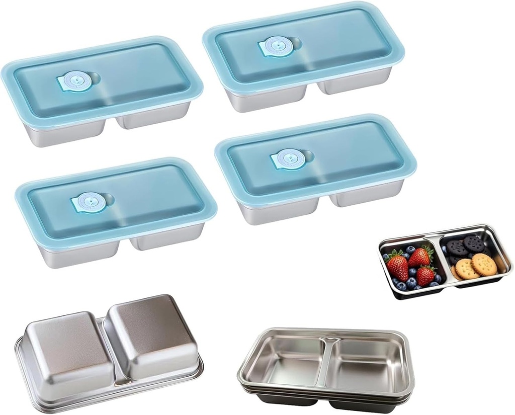 (4PCS) Grab and Go Snack Containers, Reusable Stainless Steel Snack Containers with Lids, Leak-Proof Stainless Steel Double Compartment Condiment Container, for Snacks Dips Travel