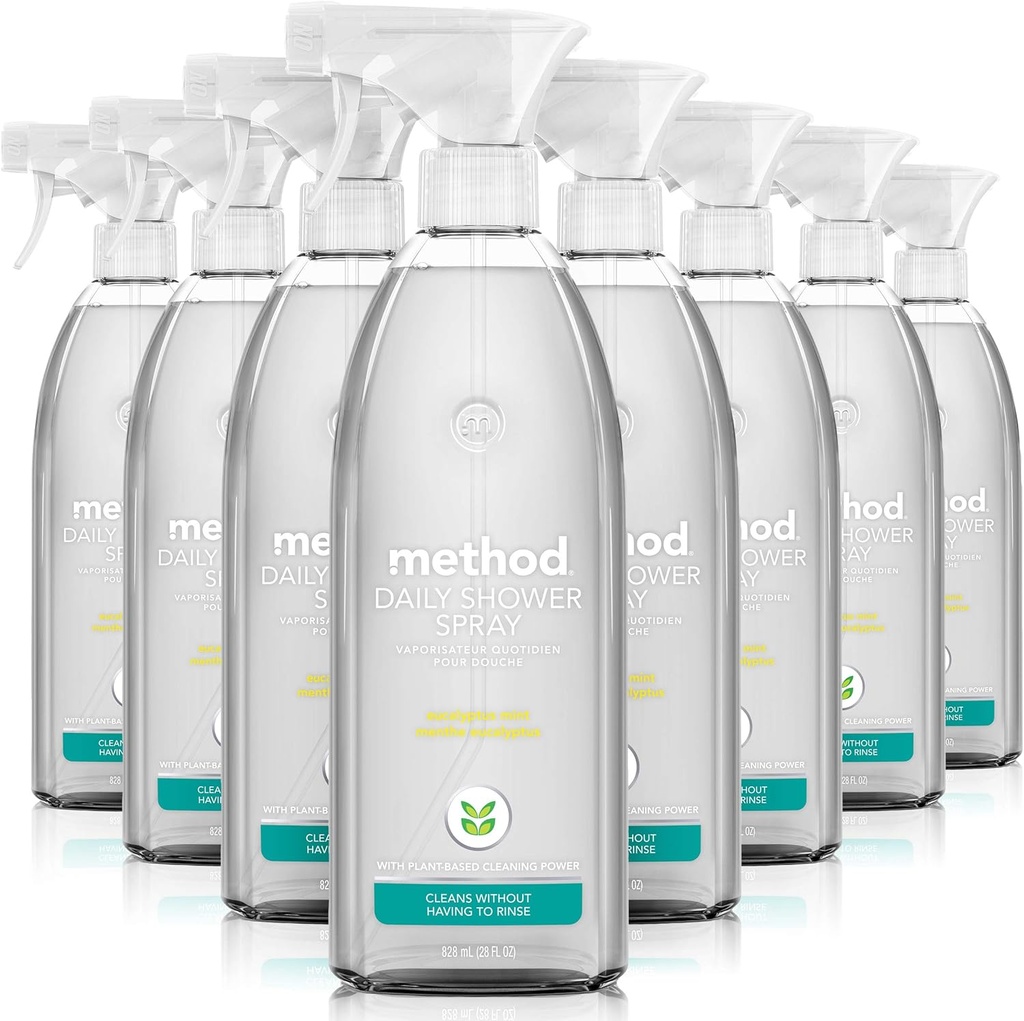 Method Daily Shower Cleaner Spray, & Spray and Walk Away, Eucalyptus Mint Scent, 28 Fl Oz, (Pack of 8), Packaging May Vary