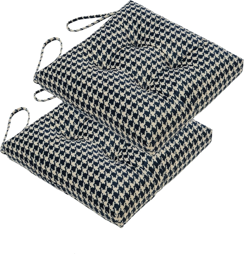 2-Pack Outdoor/Indoor Wicker Patio Seat Cushion Pad with Ties - Dining Chair Cushion, 17" x 17" (Blue Houndstooth)