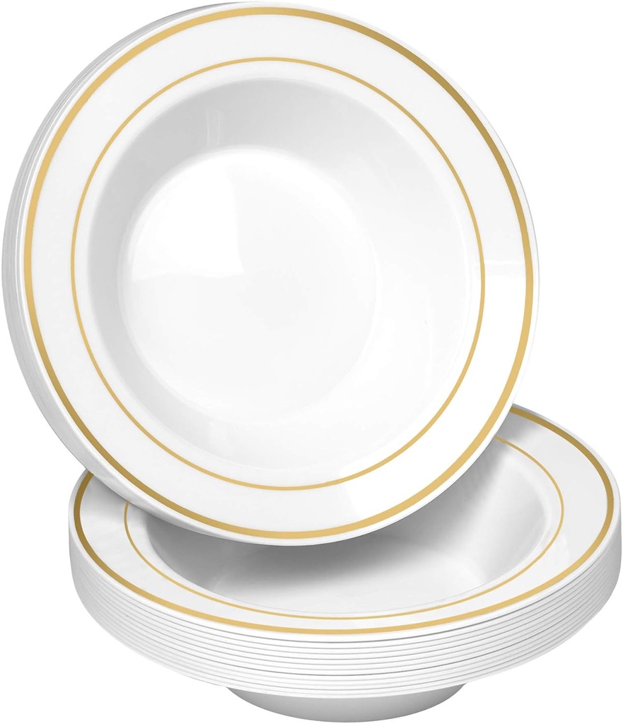 50 Disposable White Gold Trim Plastic Soup Bowls | 14 oz. Premium Heavy Duty Disposable Dinnerware with Real China Design | Safe & Reusable and Great for Parties or Weddings. (50-Pack) Gold
