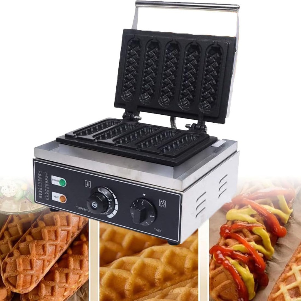 Commercial French Hot Dog Waffle Maker Iron Machine 5/6 PCS Electric Nonstick Corn Dog Maker Hotdog Cheese Stick Press Iron, 50-300℃ Temp Control, 5-min Timer French Muffin Cooker