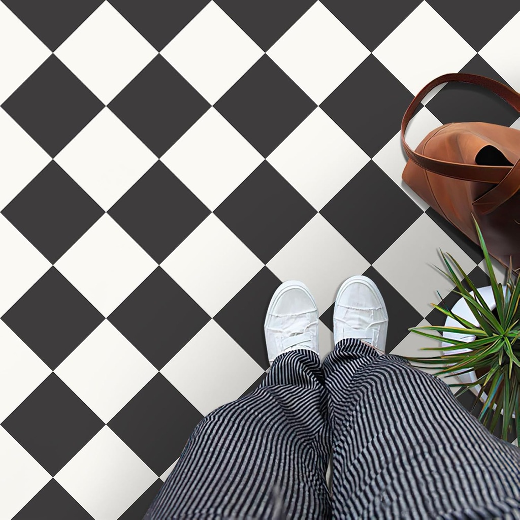 MORCART 40Pcs Peel and Stick Floor Tile, 7.87"x 7.87" Vinyl Flooring Waterproof, DIY Flooring for Bathroom, Kitchen, Fireplace, Pet House, Stairs, Bedrooms, Wall Black White