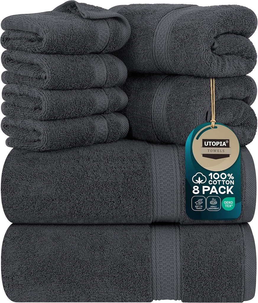 Utopia Towels 8 Piece Premium Towel Set, 2 Bath, 2 Hand, and 4 Wash Cloths, 600 GSM 100% Ring Spun Cotton, Highly Absorbent Towels for Bathroom, Gym, Hotel, and Spa, Grey