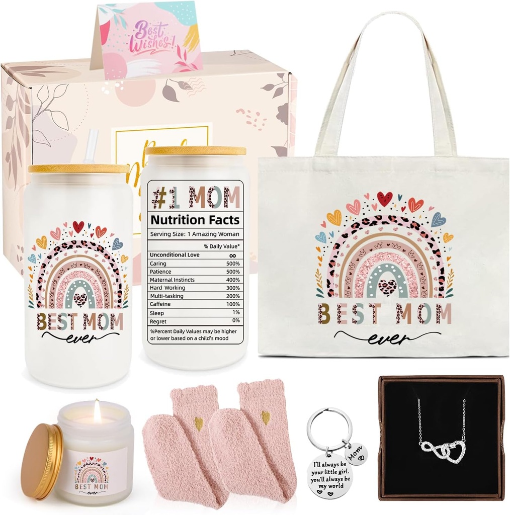 Best Mom Ever Gifts Funny Birthday Gifts for Mother From Daughter Son 16oz Can Glass Gift Basket For Mom, Mother In Law-Ideal Gift for Birthday, Mothers Day, Thanksgiving, Christmas