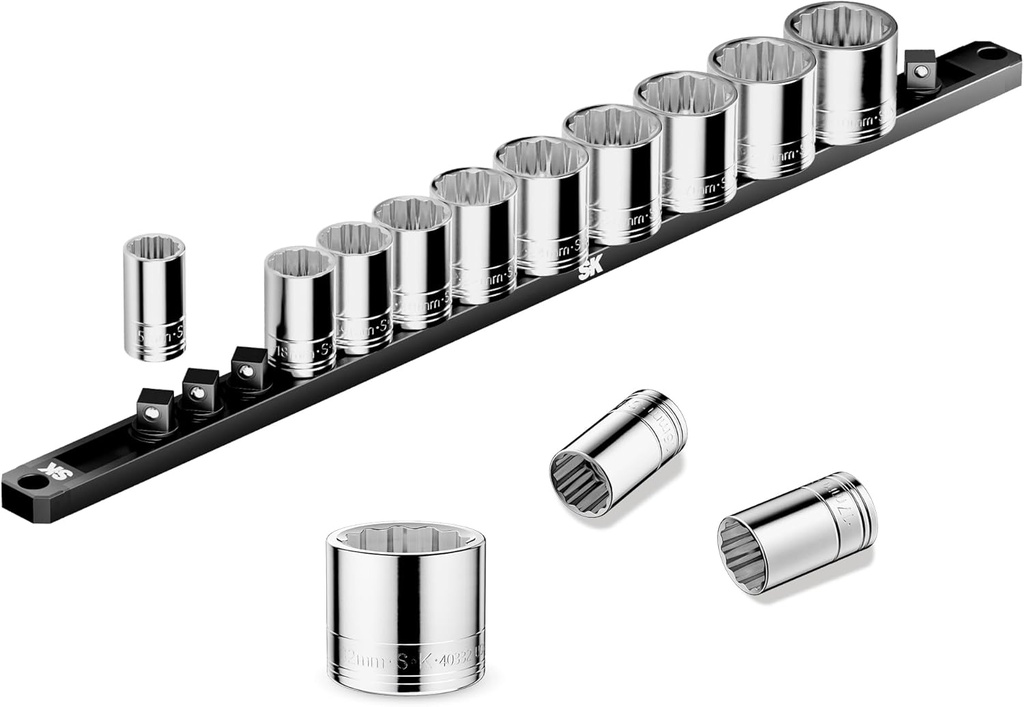 SK Tools USA 1/2"Drive Socket Set, Metric Sockets, 13-Piece 15-32mm, SuperKrome Finish, Premium CR-V Construction, 12 Point, with Storage Rail