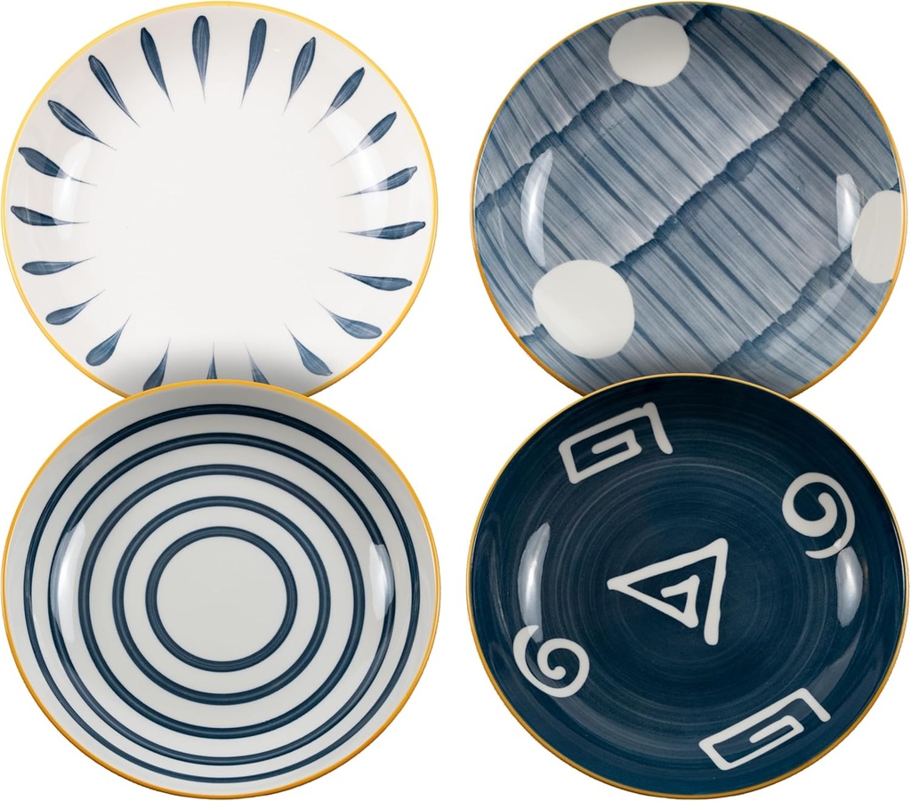 Ceramic Plate Set - 8 Inch Mixed Color Japanese Design, 4-Piece Dinnerware Set, Yellow/blue, ZLV-PLATESET-001