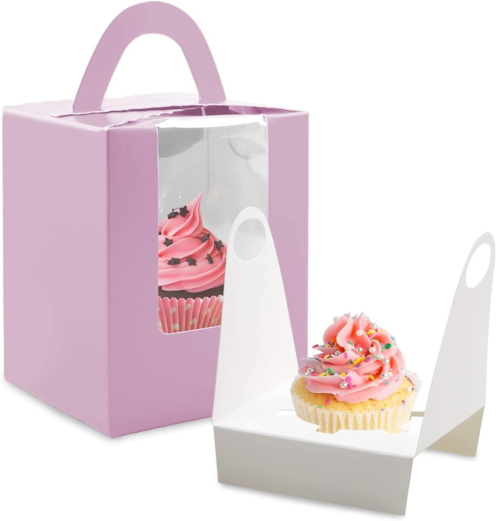 Cupcake Boxes, 30 Pack Individual Single With Clear Window Inserts Handle - Muffins Carriers Pastry Containers (Purple)