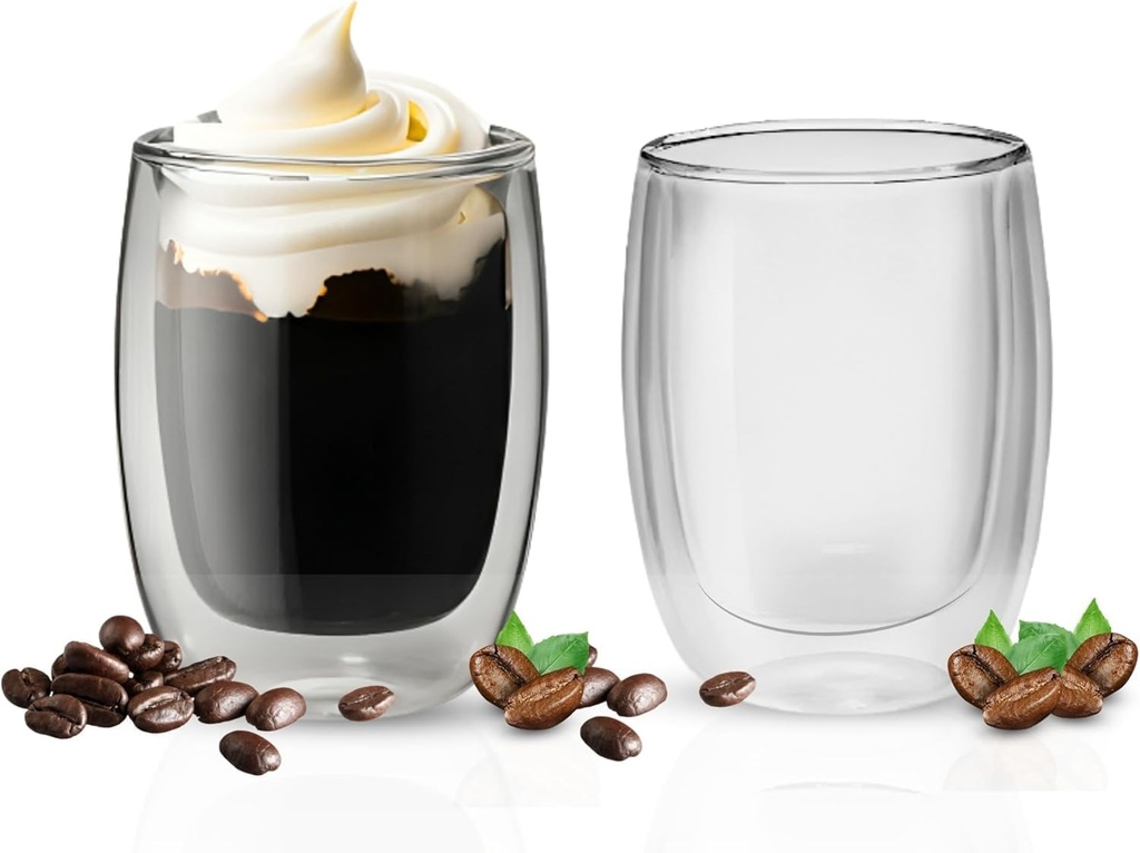 Clear Coffee Mugs Set of 2 - Double Wall Glass Coffee Mugs 8 oz - Transparent Insulated Coffee Mug & Tea Cup w/Handle - Sleek Clear Glass Cups, Double Walled Glasses Set of 2 for Hot & Cold Beverages