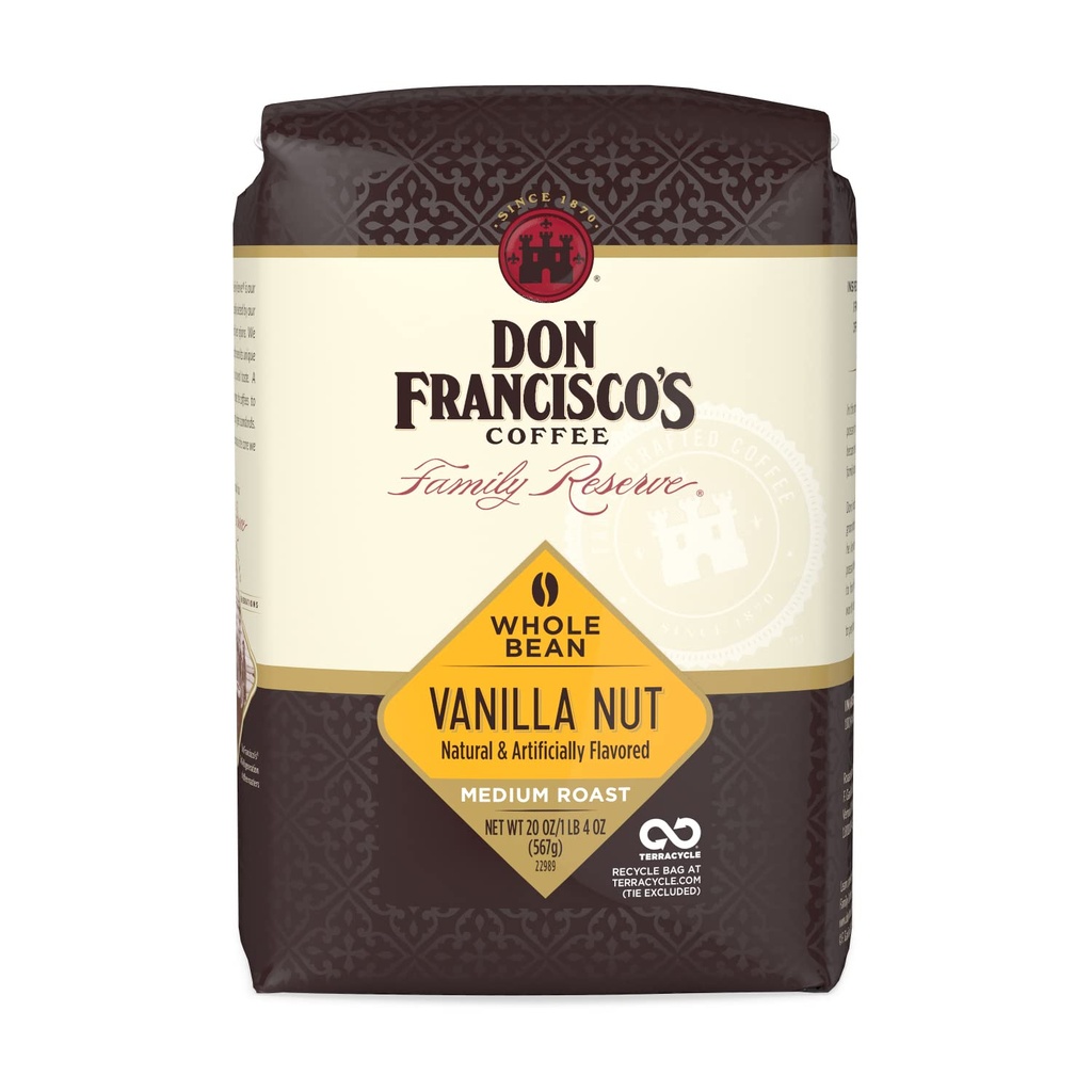 Don Francisco's Vanilla Nut Whole Bean Coffee, Medium Roast – Flavored 100% Arabica, 20 oz Bag, Premium Coffee for Drip, Pour Over & French Press
