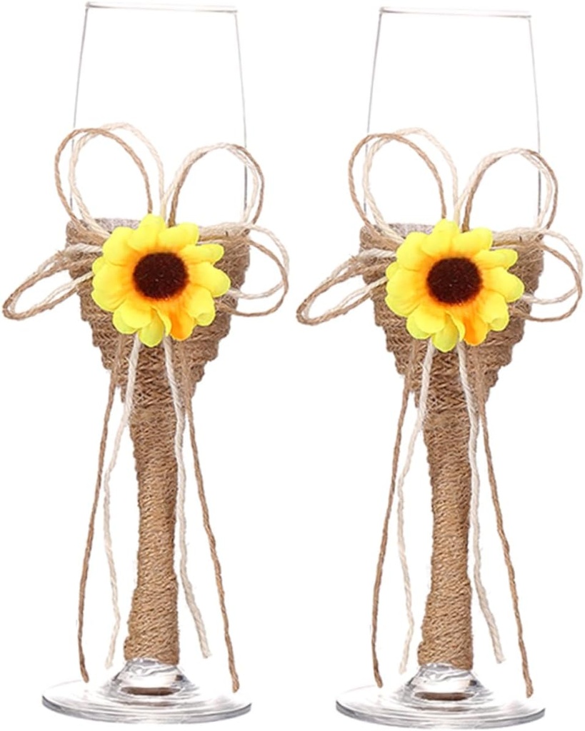 Sunflower Goblets Set of 2 Handcrafted Glass Wine Glasses Hemp Rope for Weddings Parties and Celebrations Elegant Tableware for Special Occasions