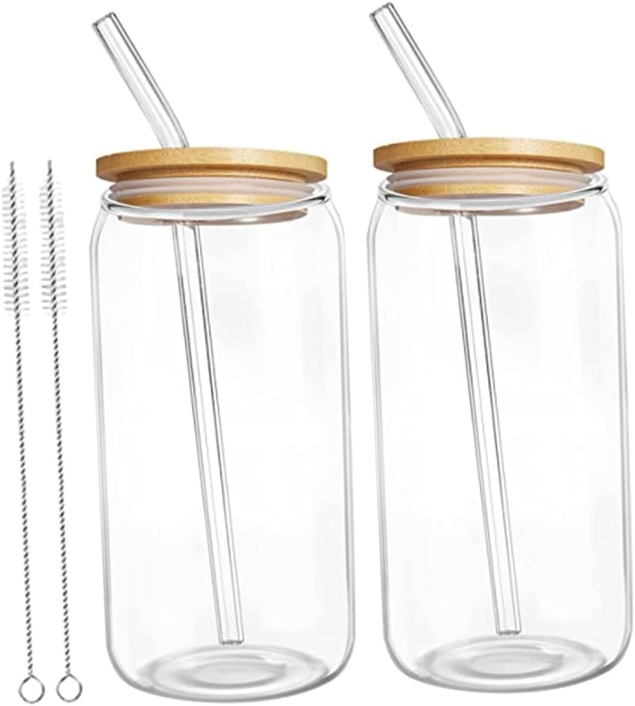 DECHOUS 2sets Glass Can-shaped Water Cup Bamboo Lid and Straw Stylish Portable Juice and Iced Tea Mug for Home Restaurant Use Includes Cleaning Brushes