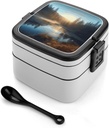 Sunrise over Mountain Forest Lake Bento Box with Spoon, 2-layer Stackable Lunch Box Leak Proof with Invisible Handle, Insulated Food Storage for Office, Picnic & Travel